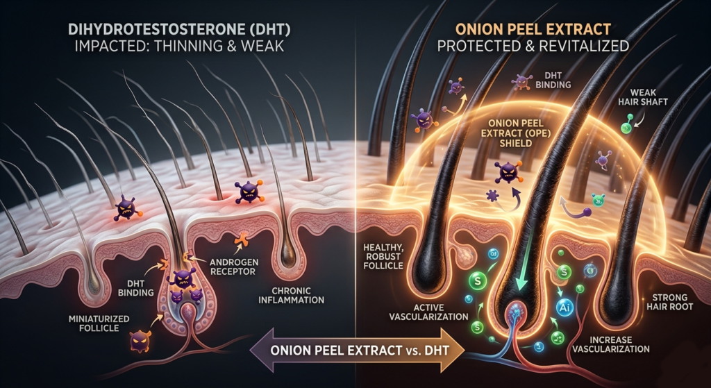 Blocking DHT with onion peel for hair growth to prevent pattern baldness