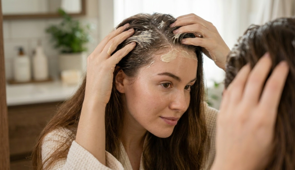 Step-by-step application of a DIY yeast mask for hair loss on the scalp