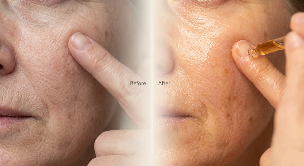 Before and after effect of using face oils for deep wrinkles around eyes