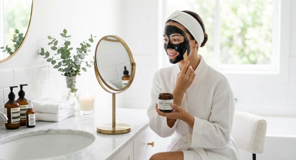 Woman using a facial mask with activated carbon for deep pore detox