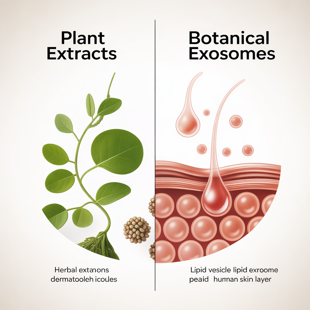 Diagram comparing botanical exosomes vs traditional plant extracts for skin