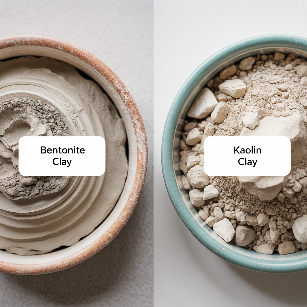 comparison of grey bentonite clay and white kaolin clay powder in wooden bowls for natural homemade face masks with clay
