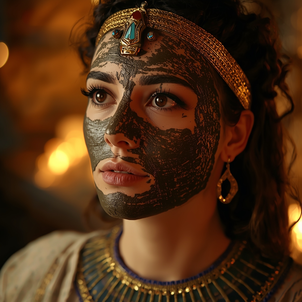 ancient beauty ritual aesthetic with clay jars and natural minerals, historical skincare concept inspired by Cleopatra