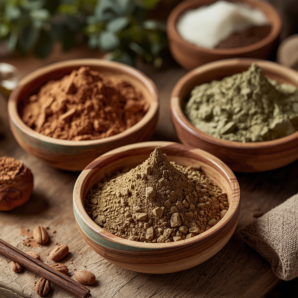 different types of exotic clays including red rhassoul, french green clay and yellow fullers earth for natural homemade face masks with clay