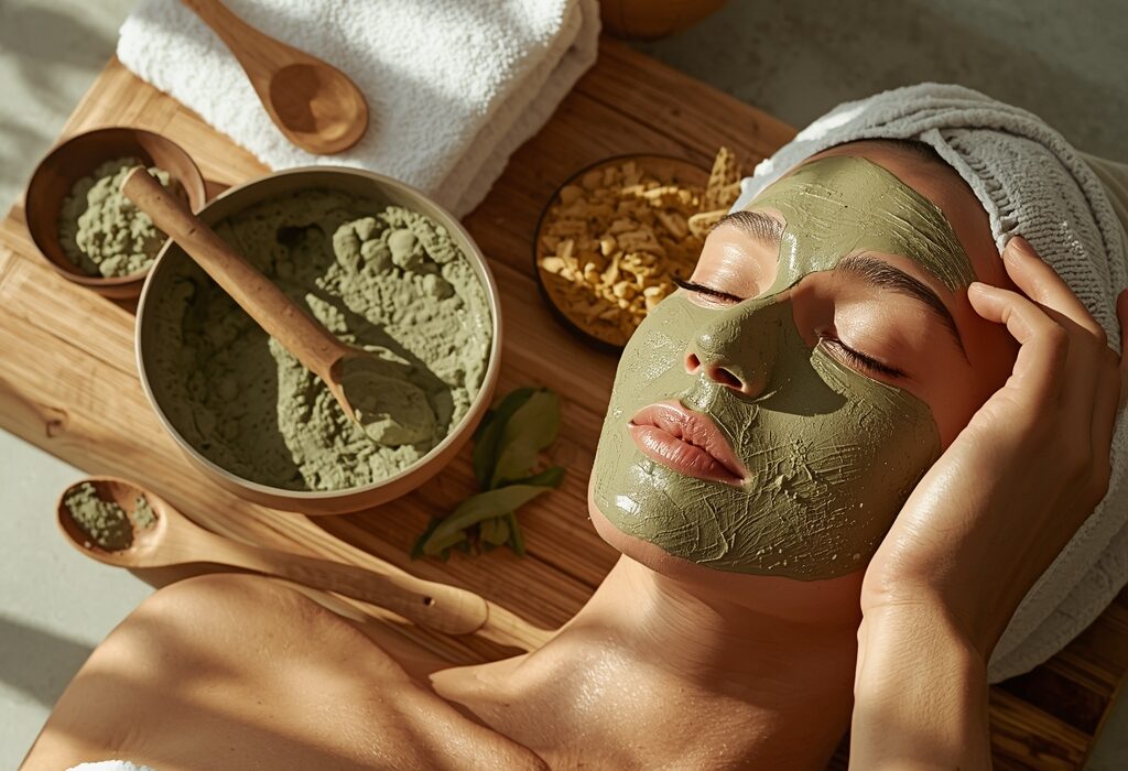 happy woman with glowing natural skin smiling in sunlight, fresh and radiant look, soft background, clean beauty aesthetic, natural homemade face masks with clay results