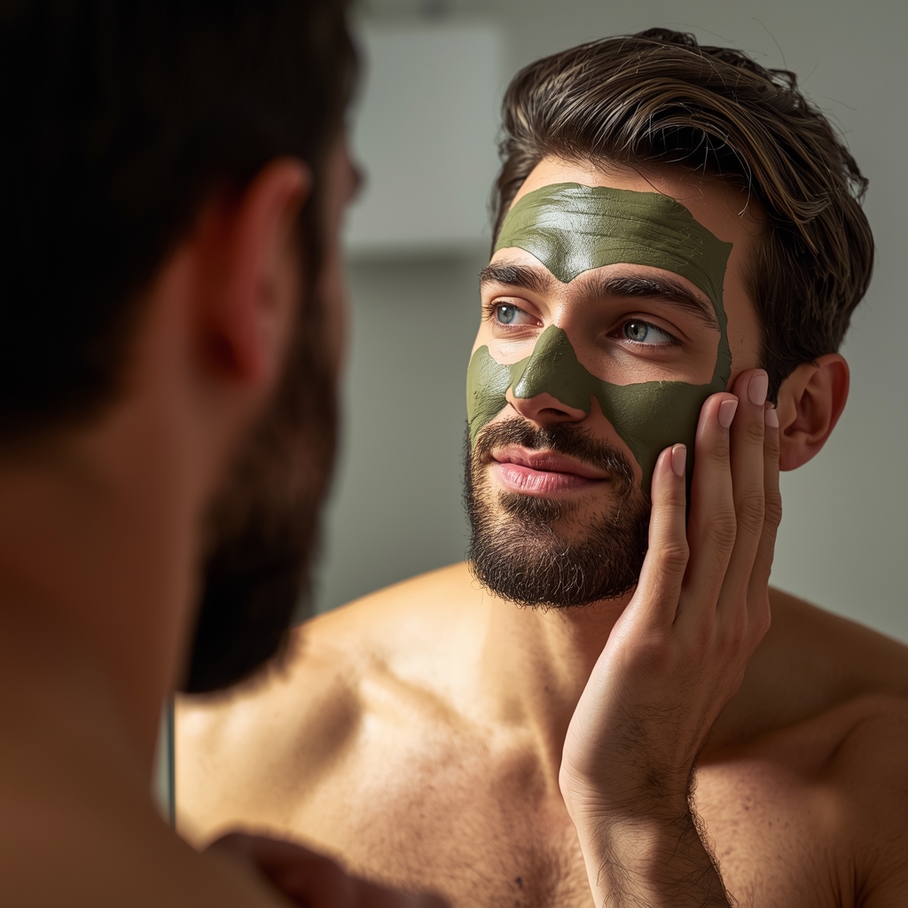 man applying a natural homemade face mask with clay for grooming and oily skin control, male skincare routine