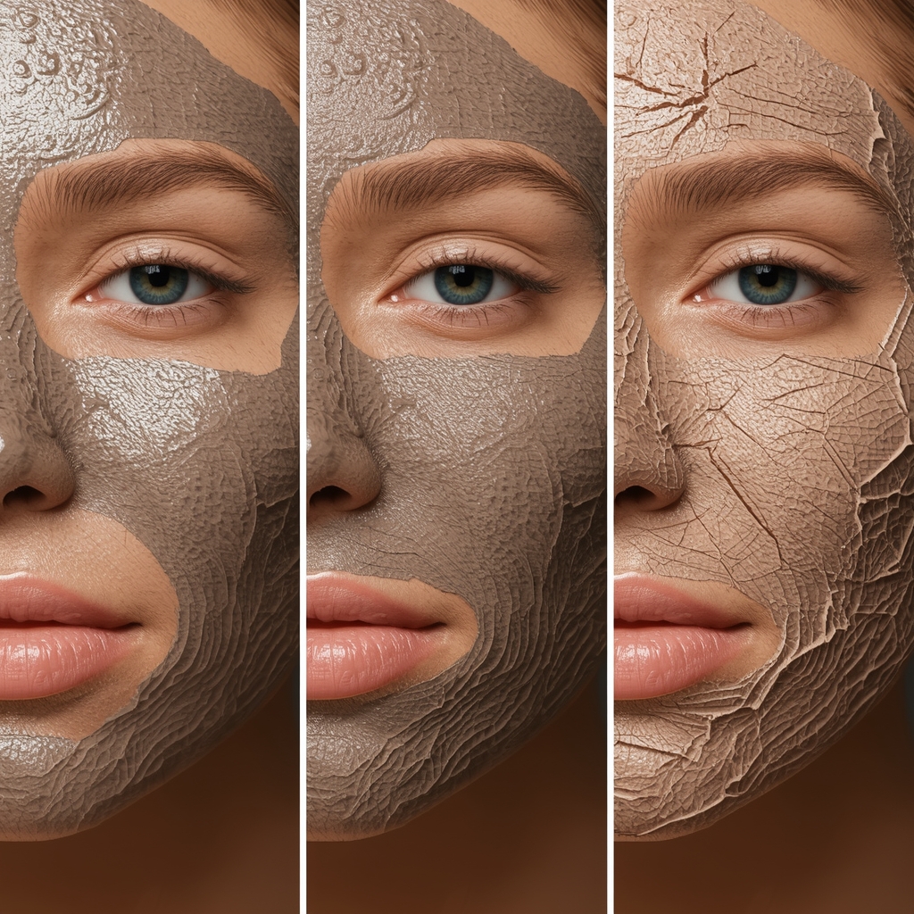 three stages of clay mask drying on skin from wet to damp and dry cracked phase, educational skincare infographic