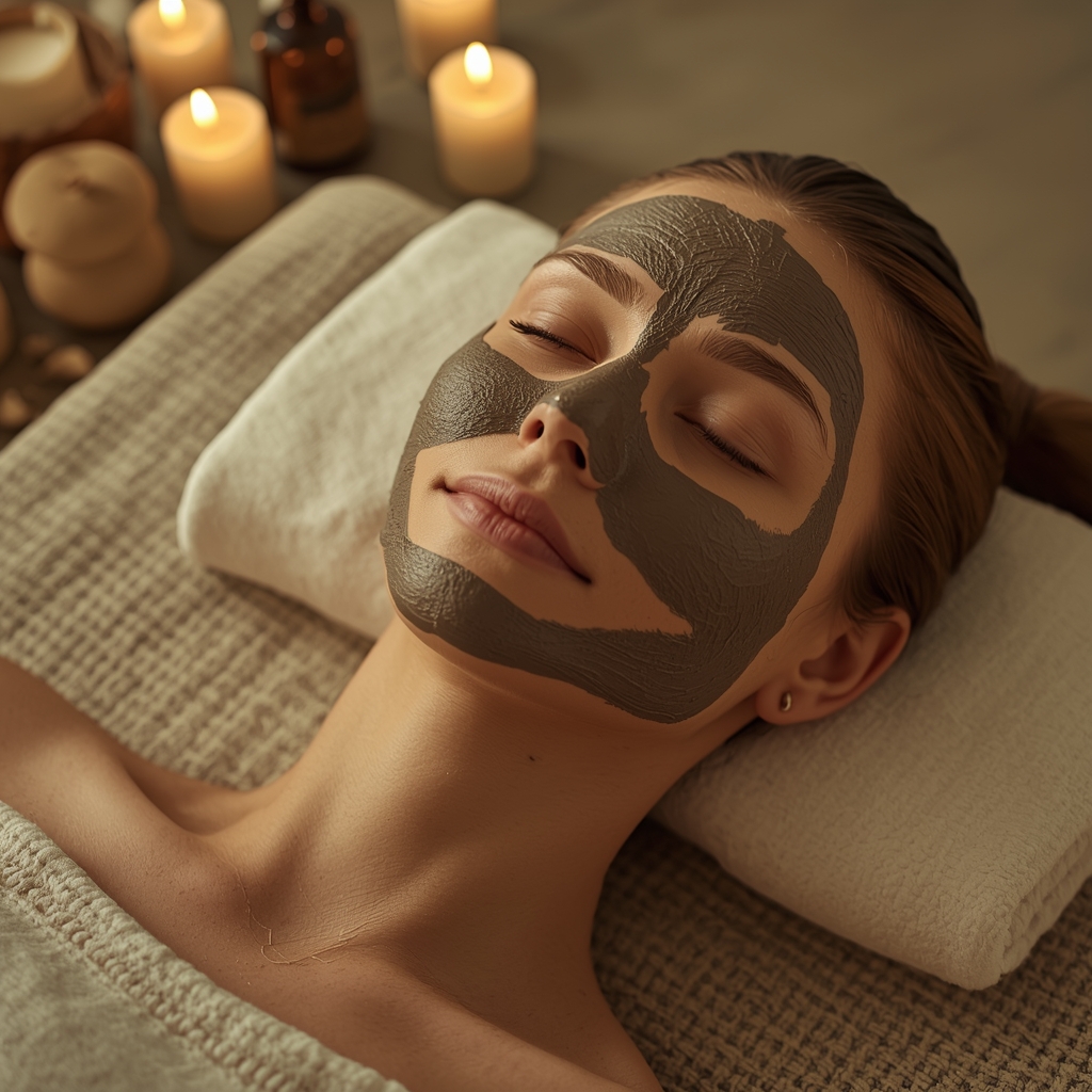 peaceful woman enjoying a spa moment with a clay mask, wellness and self-care ritual, future of natural beauty
