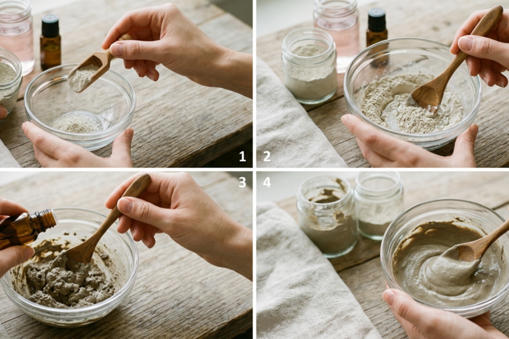 process of how to mix clay mask at home using a wooden spoon and glass bowl, creamy clay texture, DIY skincare step by step