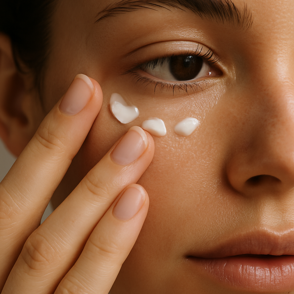 Step-by-step how-to apply homemade eye cream for wrinkles with tapping technique.