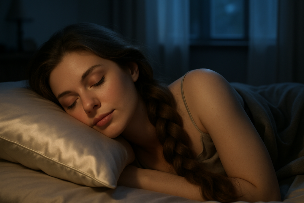 A woman wearing a silk bonnet and performing a scalp massage for hair growth before bed.