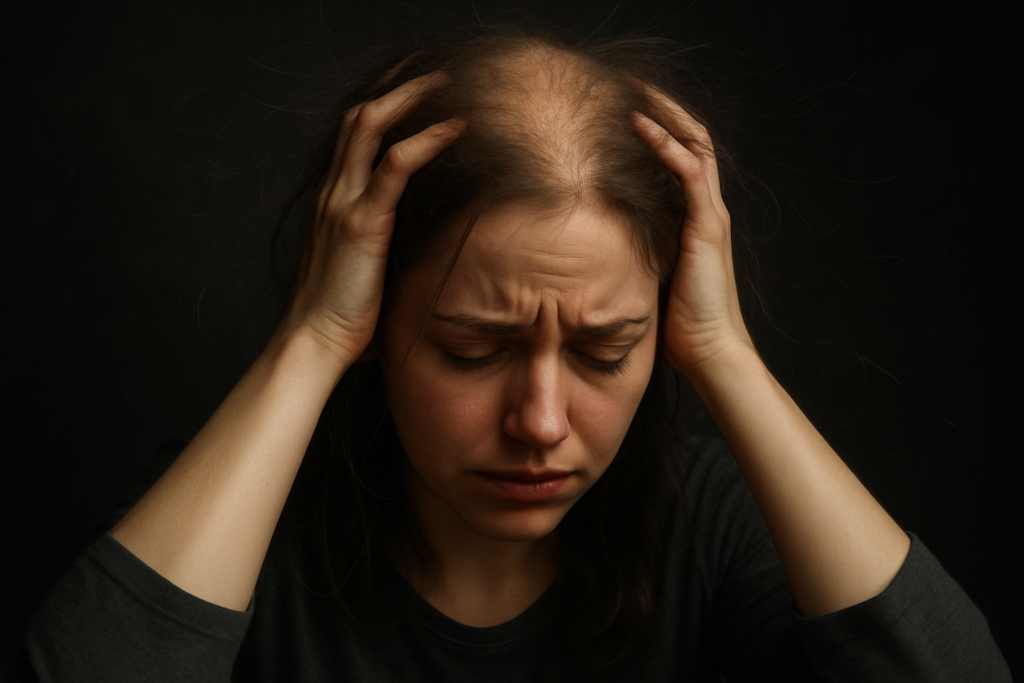 A woman practicing relaxation techniques to reduce cortisol and support the hair growth cycle and nutrition.