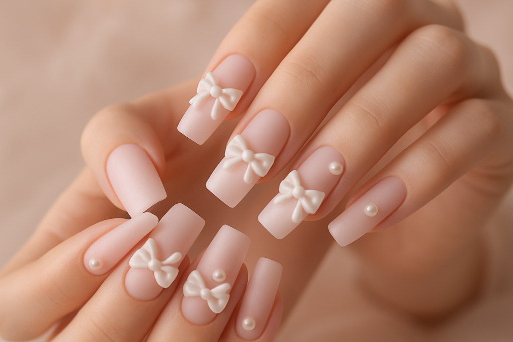 Coquette aesthetic Valentine's Day Acrylic Nails with 3D pink bows and elegant pearls.