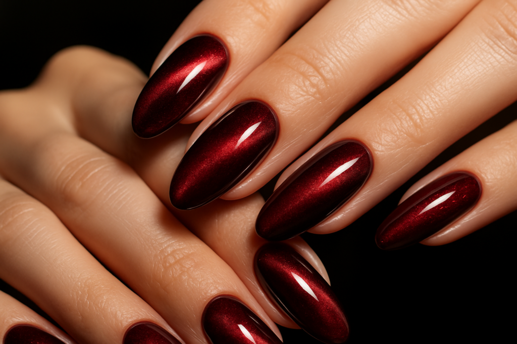 Deep red velvet and magnetic cat-eye Valentine's Day Acrylic Nails with a shimmering finish.