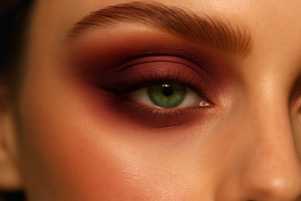 Professional eyeliner architecture for green eyes showing the smudged halo effect with plum liner.