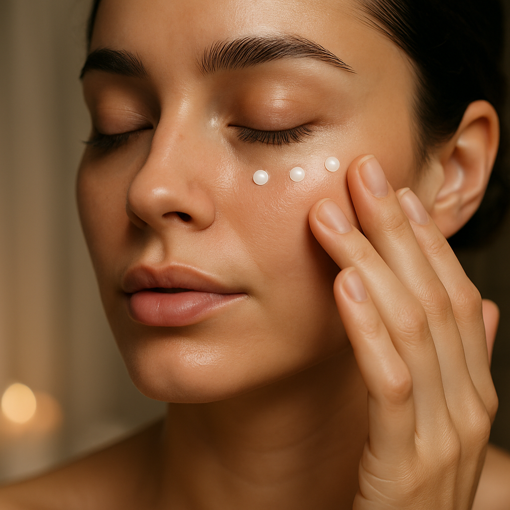 Applying homemade eye cream after biohacking makeup removal for green eyes.
