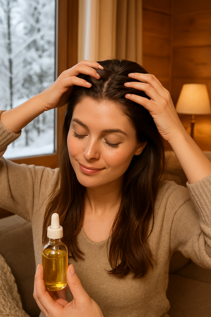 Woman with thick hair wearing a cozy sweater, representing winter hair growth and mustard oil benefits for hair.