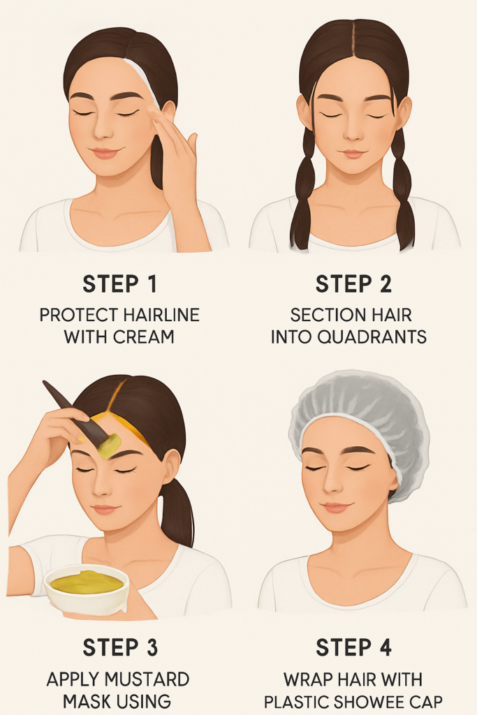 Infographic showing the 5 steps of how to use mustard powder for hair without making a mess.