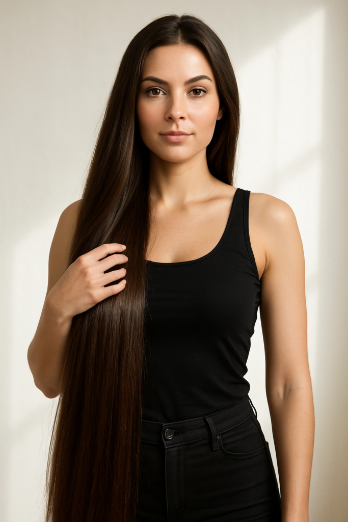 Confident woman with long, flowing hair representing the conclusion of bio-adaptive DIY skincare and hair growth.