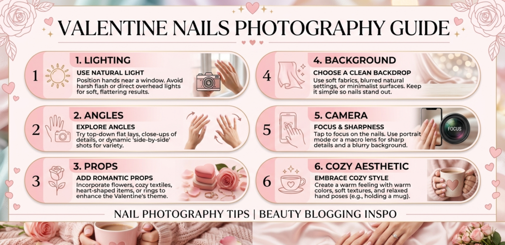 Infographic guide: 5 tips for photographing Valentine's Day Acrylic Nails for Instagram and Pinterest.