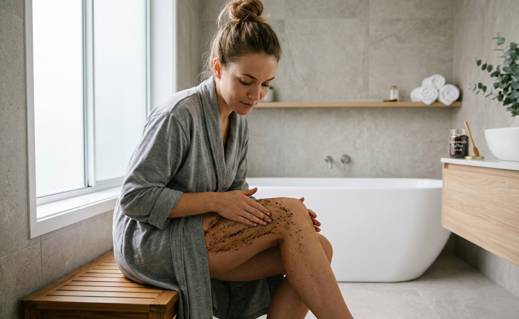 Close-up of a DIY coffee scrub for cellulite and stretch marks being applied to the skin.