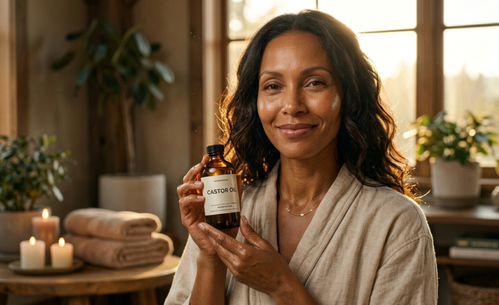 Woman with healthy hair and glowing skin reflecting castor oil benefits for skin and hair.