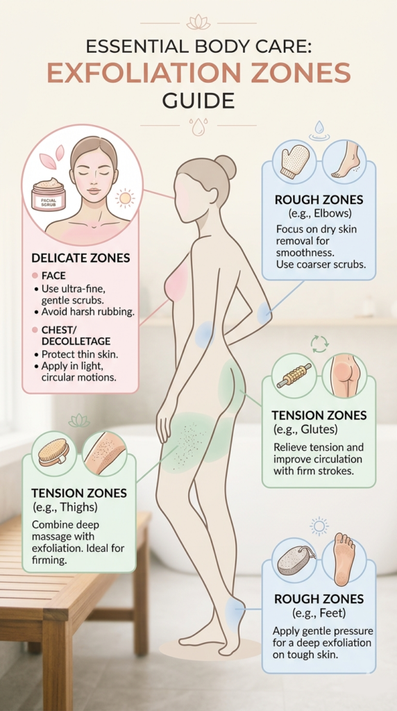 Infographic face and body map for the Zonal Approach using a DIY coffee scrub for cellulite and a natural facial scrub for sensitive skin.