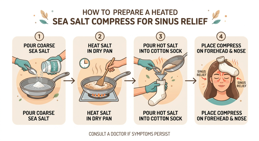 Infographic showing how to get rid of a cold fast at home naturally with sea salt compress