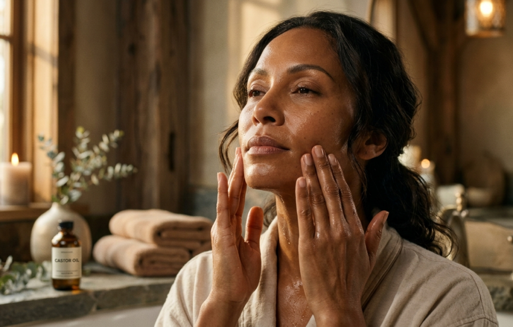 Facial massage technique with organic cold pressed castor oil for skin tightening and lifting.