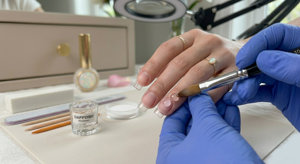 Step-by-step application of Valentine's Day Acrylic Nails using pink and red powder for an ombre effect.