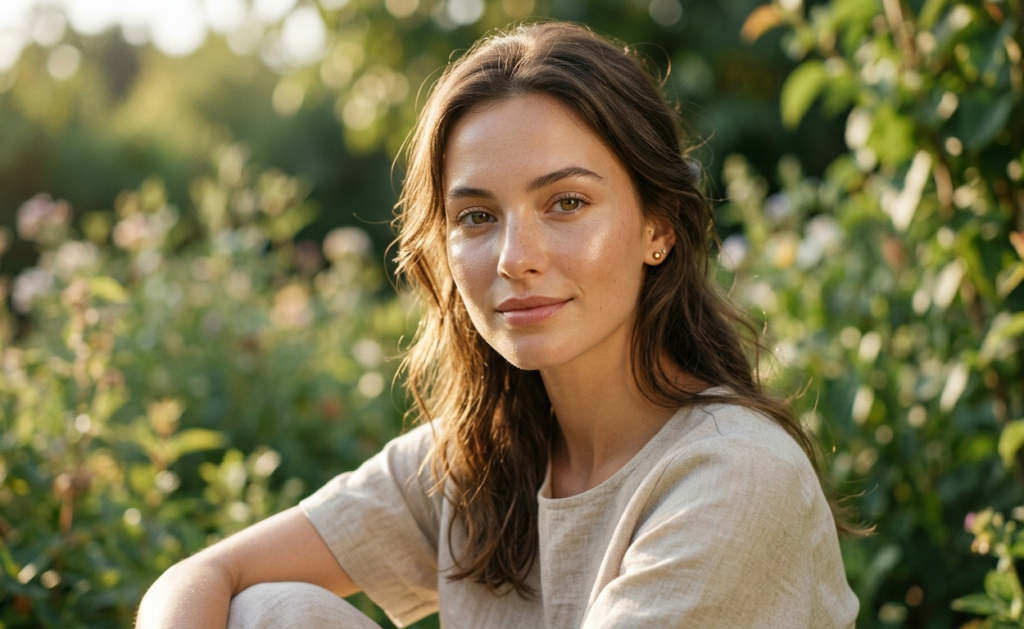 Woman with healthy hair and glowing skin reflecting castor oil benefits for skin and hair.