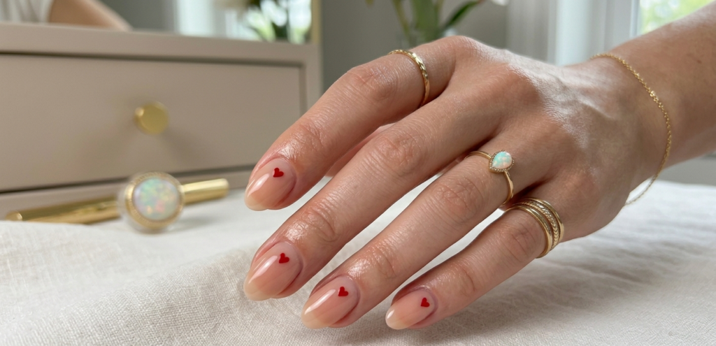 Manicure with heart designs and rings