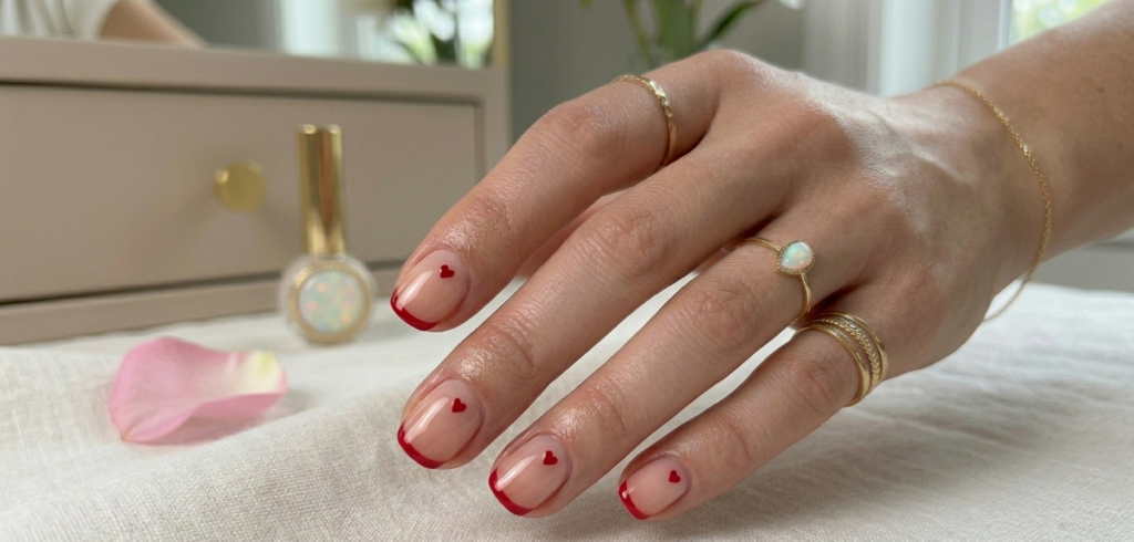 Chic Short Valentine's Nails 2026 with red micro-hearts and a clean squoval shape.