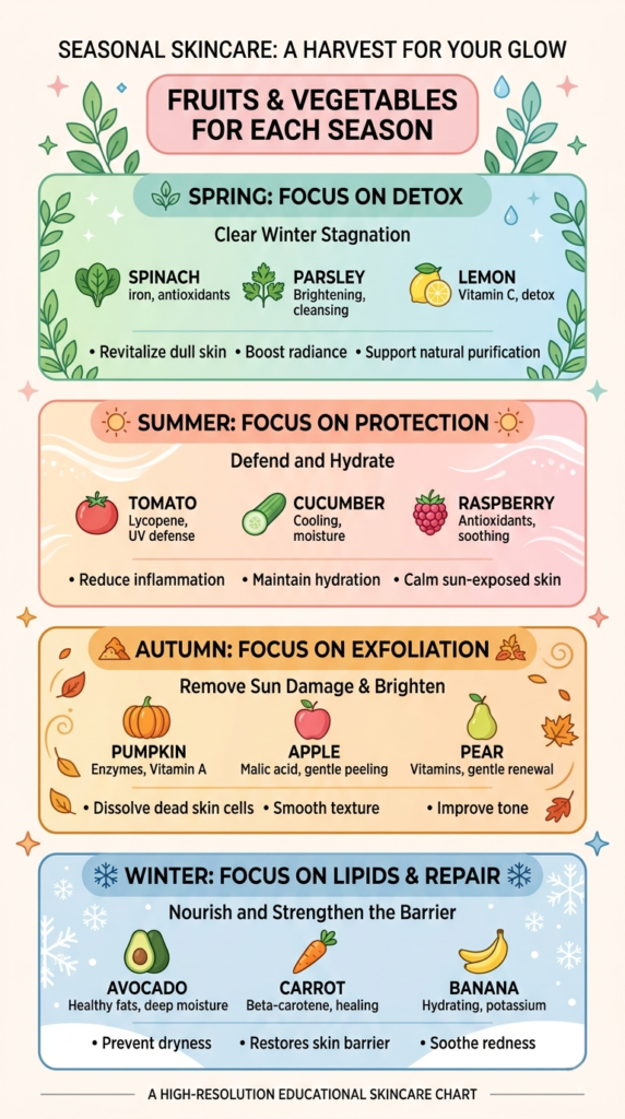Infographic of seasonal DIY fruit and vegetable face masks for glowing skin
