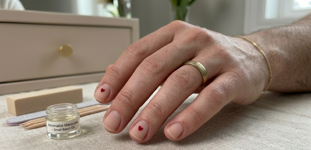 Minimalist Men-icure for Valentine's Day with a matte black base and a single red heart accent.