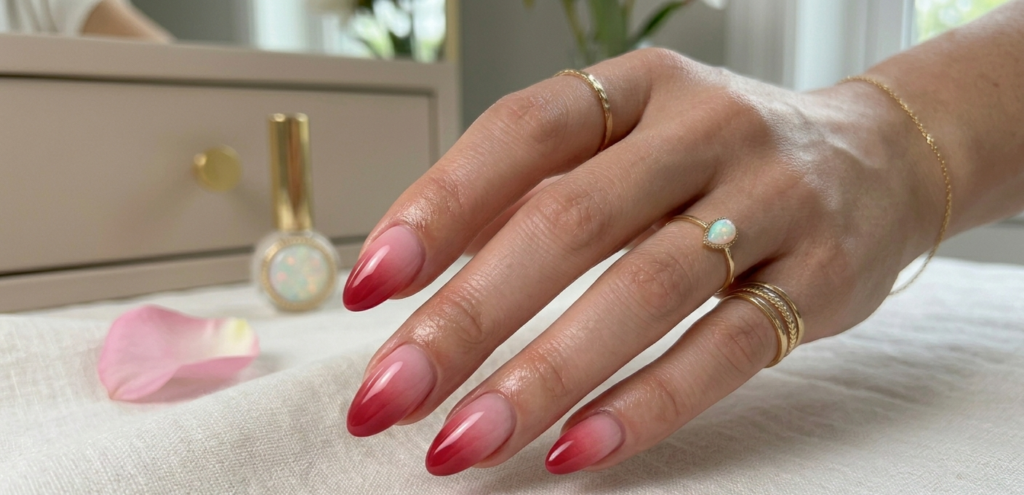 Seamless Pink and Red Ombre Nails with a high-gloss finish for Valentine's Day Acrylic Nails.