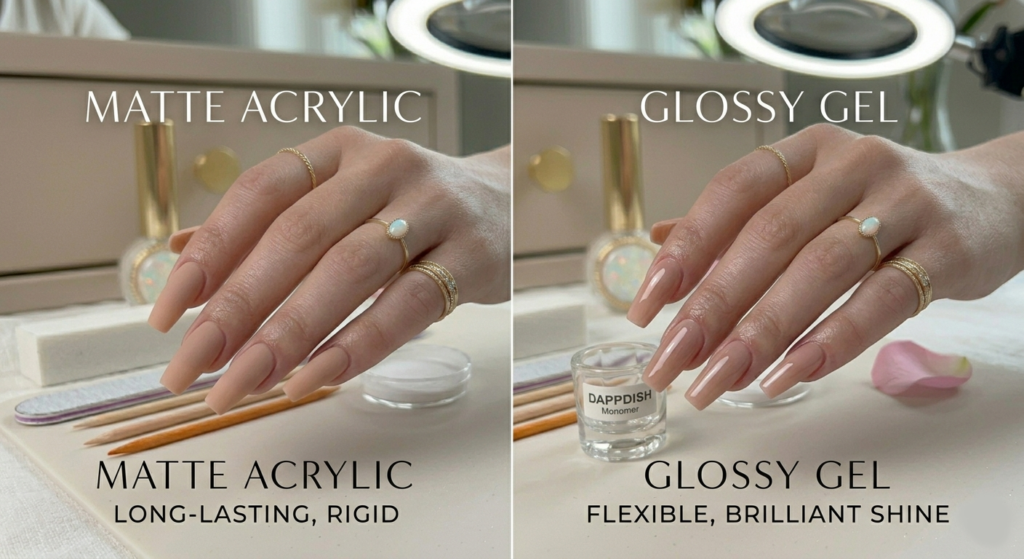 Comparison of Valentine's Day Acrylic Nails vs Hard Gel extensions with a romantic pink finish.
