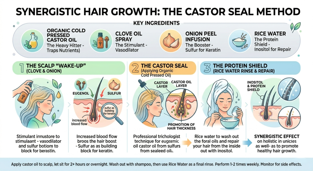 Infographic of the castor oil synergy protocol with onion peel, clove oil, and rice water.