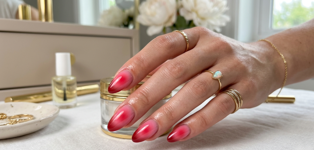 Soft pink and cherry aura Valentine's Day Acrylic Nails with a romantic gradient center.