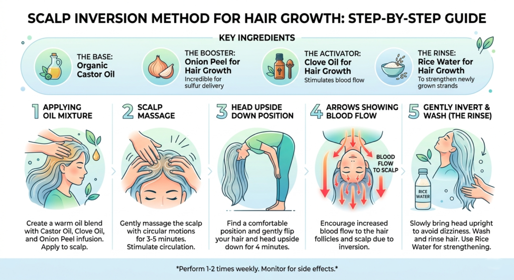 Infographic showing the scalp inversion method and how to use castor oil for hair thickness.