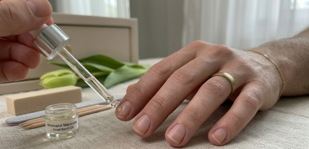 Post-acrylic nail recovery treatment with keratin strengthener and organic cuticle oil.