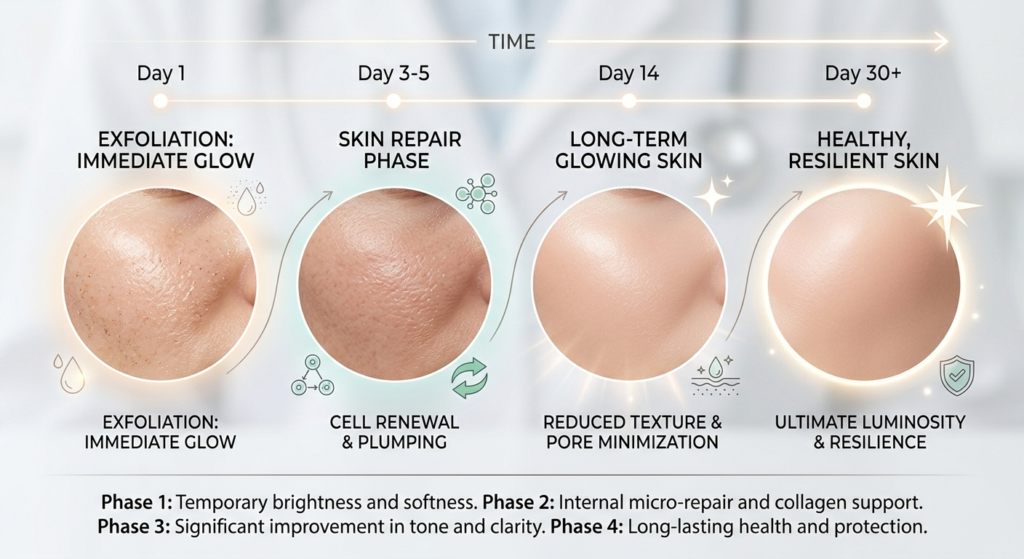 Biological timeline chart of skin repair after using a homemade exfoliating scrub for face and body.