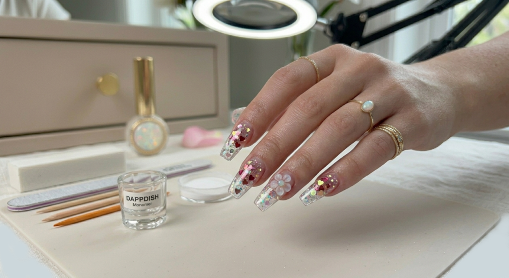Encapsulated glitter hearts and 3D acrylic bows on long Valentine's Day Acrylic Nails.