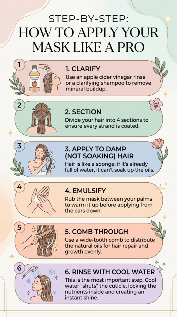 Infographic guide on how to apply the best homemade hair mask for damaged hair step by step