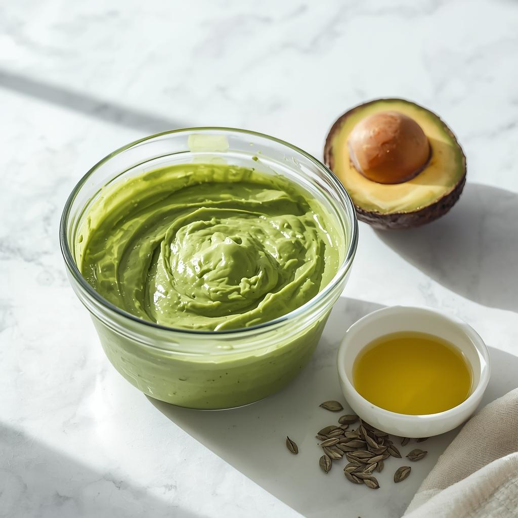 DIY hair mask for dry damaged hair and split ends featuring avocado and oils