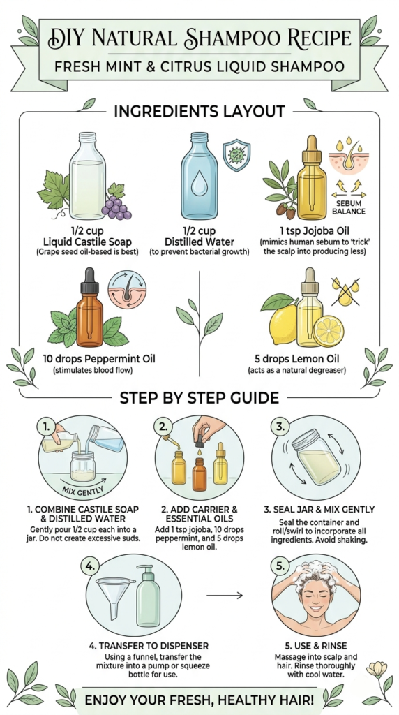 Infographic recipe for the best DIY shampoo for oily hair using a Castile soap base