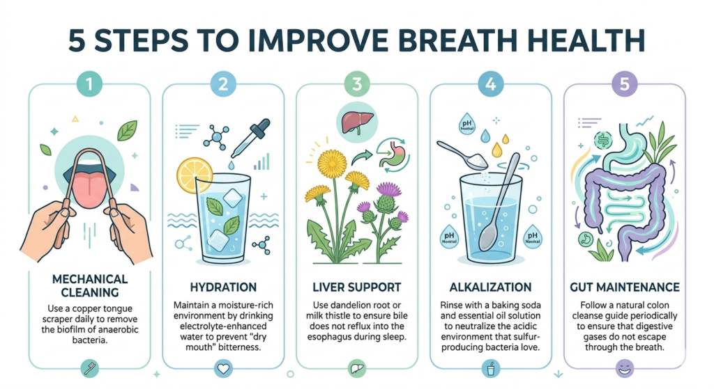 Infographic showing the 5-step method to get rid of bad breath and bitter taste naturally
