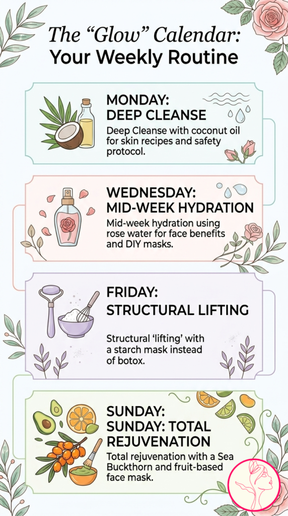 Infographic calendar for a weekly natural ingredients for glowing skin routine