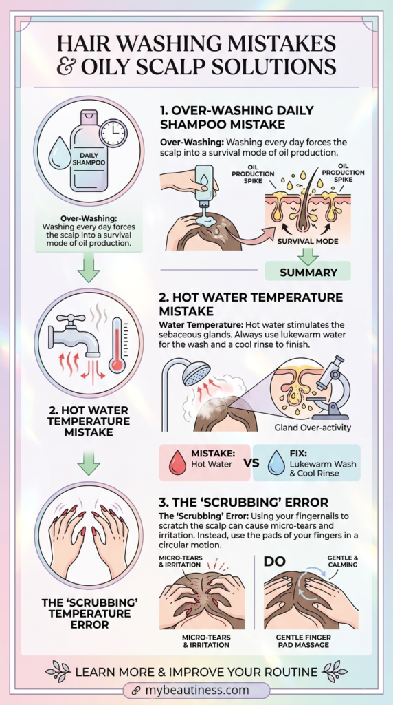 Infographic showing 3 hair washing mistakes causing oily hair and how to fix them