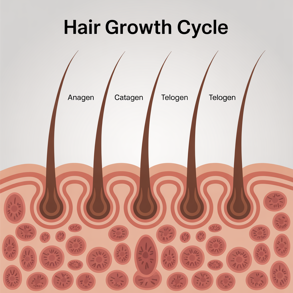 Diagram showing the hair growth cycle and nutrition phases: Anagen, Catagen, and Telogen